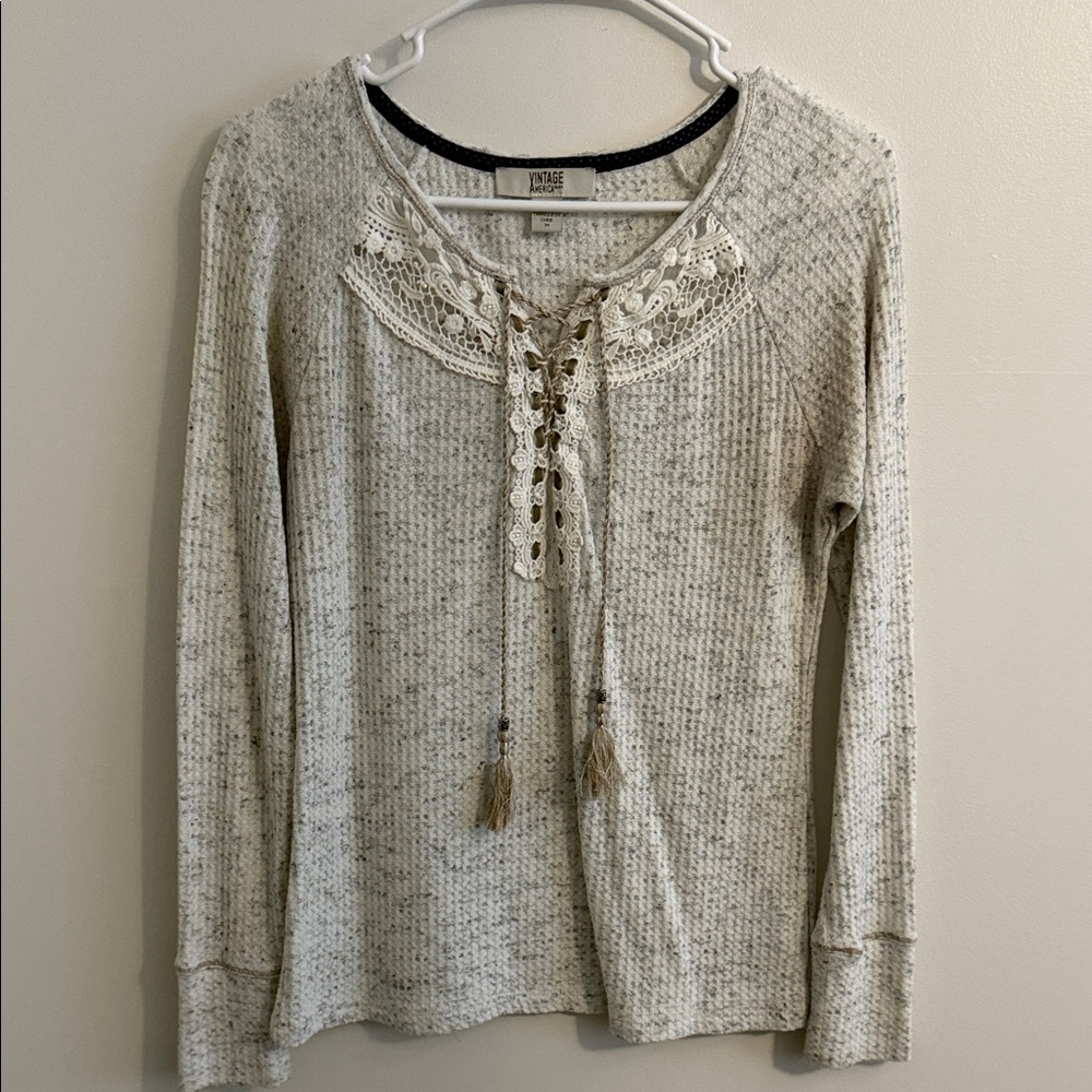 Vintage American Blue Cream Lace-Up Long Sleeve Top